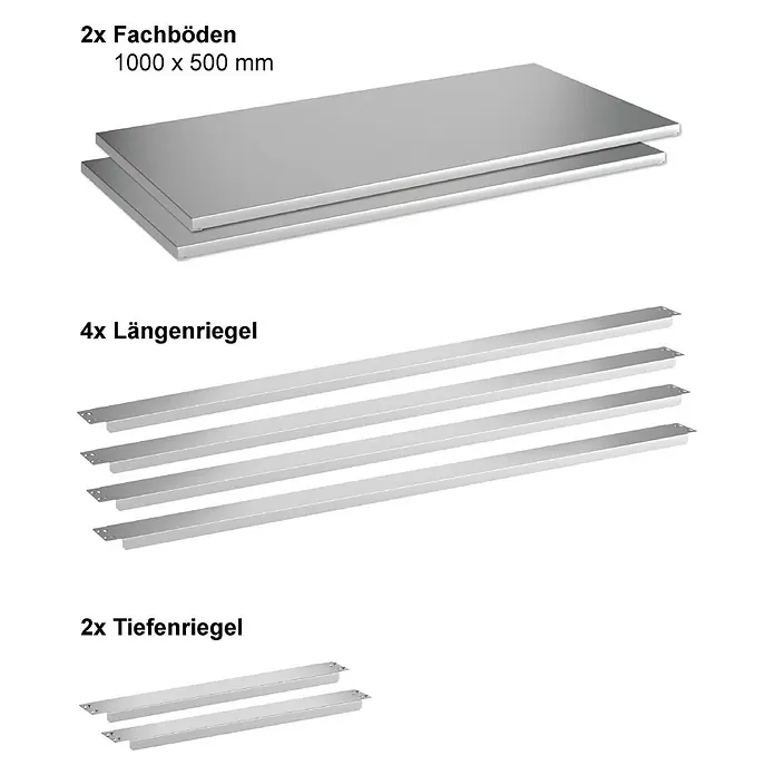 Schulte Stahlfachboden - L x B: 80 x 50 cm, Silber, 2 Stk. - Abbildung von 2 Fachböden (1000 x 500 mm), 4 Längenriegeln und 2 Tiefenriegeln.