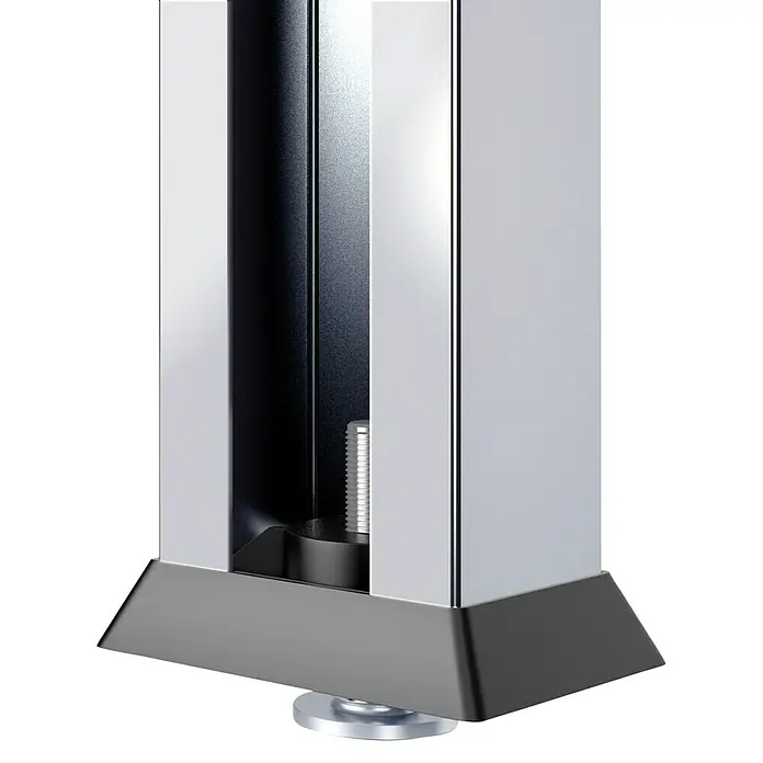 Schulte Fußkappe - L x B x H: 28 x 42 x 5 mm, 2 Stk. - Nahaufnahme eines schlanken, höhenverstellbaren Metallfußes, ideal für moderne Möbeldesigns.