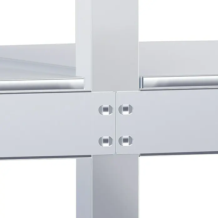 Schulte Metallregal - H x B x T: 195 x 100 x 50 cm, Anzahl Böden: 4 Stk., Stecken, Silber - Detailaufnahme einer silberfarbenen Stahlkonstruktion, die durch Schrauben verbunden ist und Stabilität und moderne Bauweise vereint.