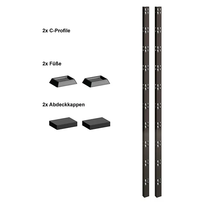 Schulte Winkelprofil - L x B x H: 150 x 4,2 x 2,8 cm, Schwarz, 2 Stk. - Das Bild zeigt die Bestandteile eines Regalsystems: 2 C-Profile, 2 Füße und 2 Abdeckkappen in dunkler Farbgebung.