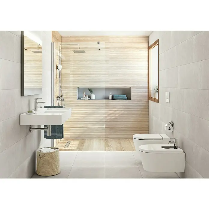 Pavimento porcelánico Weekend - 60 x 60 cm, Gris, Mate, Rectificado - Baño luminoso con lavabo doble, ducha a ras de suelo e inodoro con bidé. Sanitarios modernos en un espacio elegante.