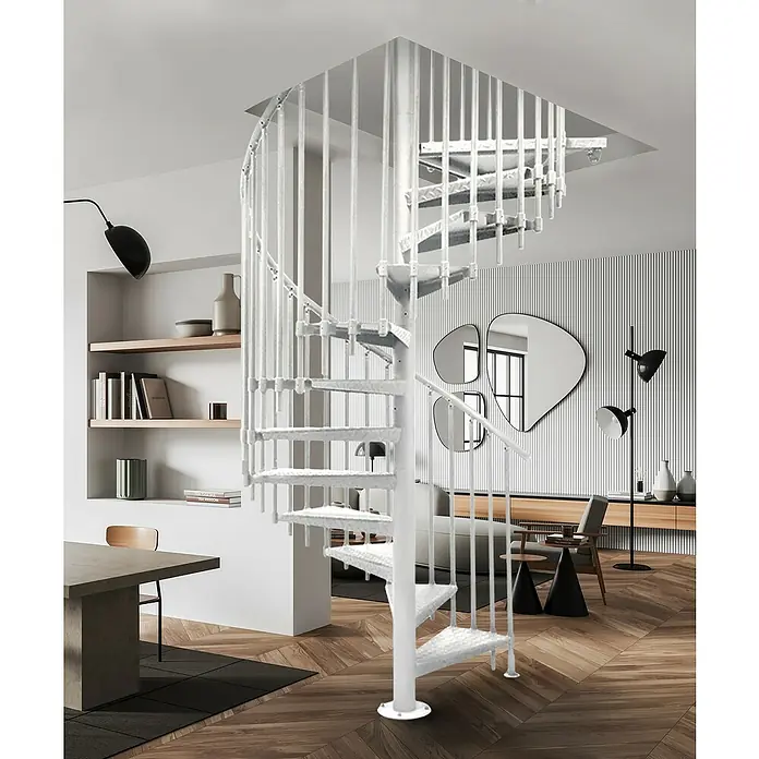 Atrium Spindeltreppe Heavy Metal Vertical - Farbton Metall: RAL 9003, Durchmesser: 144 cm, Riffelblech, Geschosshöhe: 280 cm - 300 cm - Weiße Wendeltreppe als Blickfang: Elegantes Design mit schlanken Stäben und Stufen für ein modernes Raumgefühl.