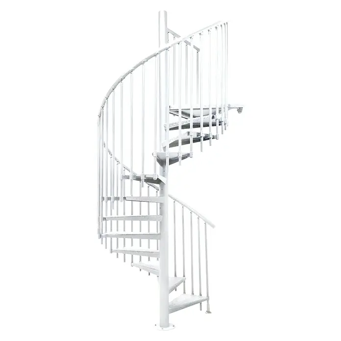 Atrium Spindeltreppe Heavy Metal Vertical - Farbton Metall: RAL 9003, Durchmesser: 144 cm, Riffelblech, Geschosshöhe: 280 cm - 300 cm - Diese Aufnahme zeigt eine elegante Wendeltreppe aus Metall, die durch ihre spiralförmige Form und die strahlend weiße Farbe besticht.