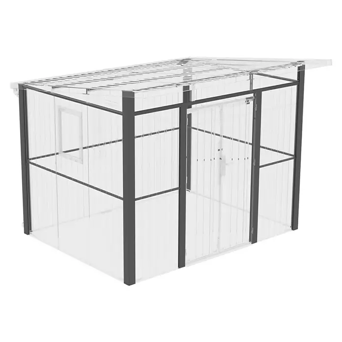 Gardol Wandrahmen Style Max - Passend für: Gardol Gerätehaus Style Max - Abbildung eines Gartengewächshauses mit Metallrahmen und transparenten Paneelen, ideal für den Anbau von Pflanzen.