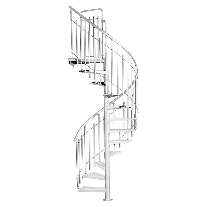 Atrium Spindeltreppe Solo Vertical - Farbton Metall: RAL 9003, Durchmesser: 120 cm, Stahl, Geschosshöhe: 264 cm - 286 cm - Eine elegante Wendeltreppe aus Metall in Weiß, die sich spiralförmig nach oben windet und ein modernes Design aufweist.