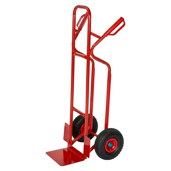 Sackkarre - Stahl, Traglast: 200 kg, mit Treppenrutsche - Eine rote Sackkarre mit Gummireifen und einer flachen, rechteckigen Ladefläche, die für den Transport von Gütern konzipiert ist.