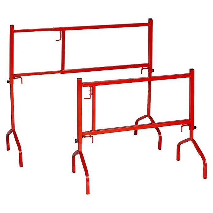 Universalbock - Tragkraft: 175 kg, Stahl, Höhen- und breitenverstellbar - Zwei rote Gerüstböcke, ideal für Bauarbeiten und Renovierungen, bieten eine stabile Arbeitsbasis.