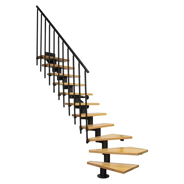 Atrium Mittelholmtreppe Dixi Plus Vertical - Farbton Metall: RAL 9005, Breite: 70 cm, Buche, 1/4-gewendelt, Geschosshöhe: 222 cm - 300 cm - Eine elegante Wendeltreppe mit Holzstufen und einem schwarzen Geländer, die sich spiralförmig nach oben windet. Stilvolles Designelement für Innenräume.