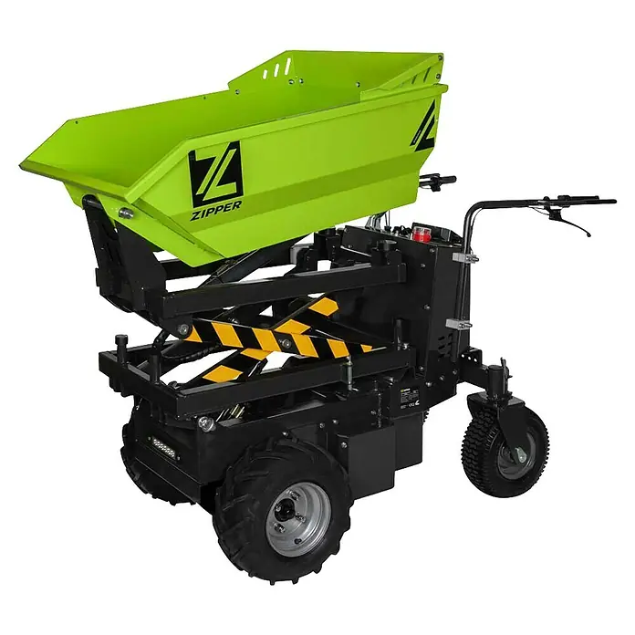 Zipper Raddumper ZI-ED600HKS - Akkubetrieben, Fassungsvermögen: 350 l - Abbildung eines Zipper ZI-MD500E-Akku-Minidumpers mit einer leuchtend grünen Mulde, der für den Transport von Materialien auf Baustellen konzipiert ist.