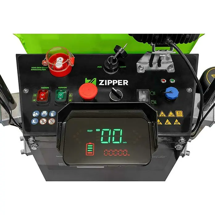 Zipper Raddumper ZI-ED600HKS - Akkubetrieben, Fassungsvermögen: 350 l - Das Bedienfeld des Zipper-Geräts mit diversen Schaltern, Knöpfen und einem digitalen Display, das "READY" und "00 km/h" anzeigt.
