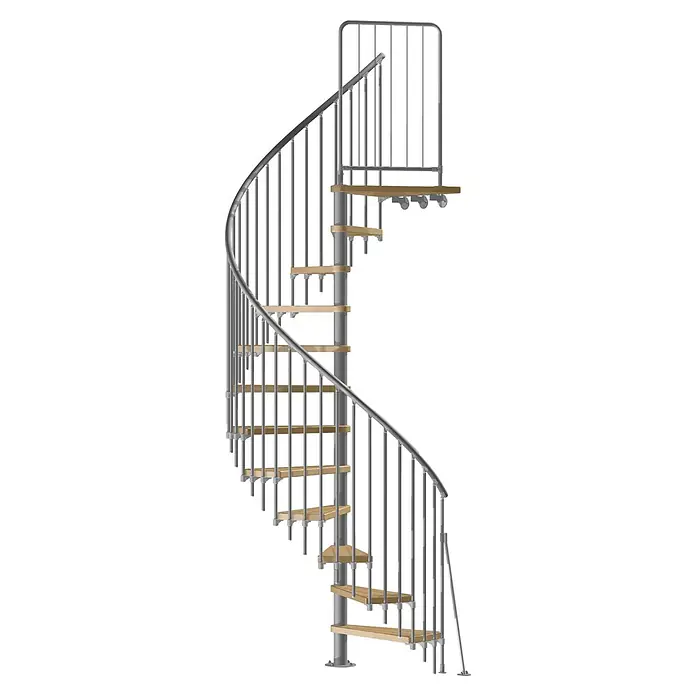 Atrium Spindeltreppe Novo Vertical - Farbton Metall: RAL 9006, Durchmesser: 140 cm, Buche, Geschosshöhe: 271,4 cm - 313,5 cm - Eine spiralförmige Treppe mit silbernen Metallgeländern und hellen Holzstufen. Ideal für moderne Innenräume, die sowohl stilvoll als auch platzsparend sind.