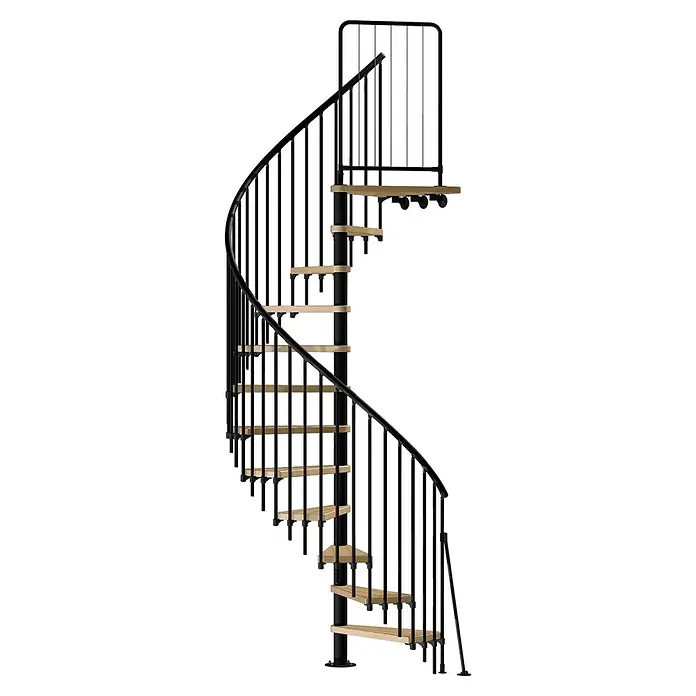Atrium Spindeltreppe Novo Vertical - Farbton Metall: RAL 9005, Durchmesser: 140 cm, Buche, Geschosshöhe: 271,4 cm - 313,5 cm - Eine elegante Wendeltreppe mit schwarzen Metallgeländern und hellen Holzstufen, die sich spiralförmig nach oben windet.