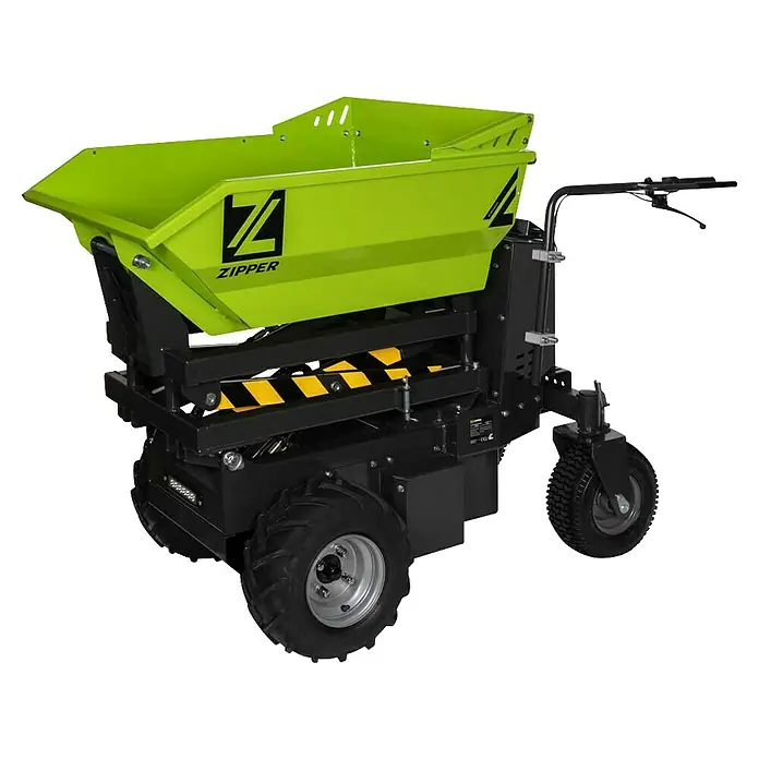 Zipper Raddumper ZI-ED600HKS - Akkubetrieben, Fassungsvermögen: 350 l - Aufnahme des Zippers Minidumpers, ein robustes Nutzfahrzeug mit einer kippbaren Mulde für den Transport von Materialien.
