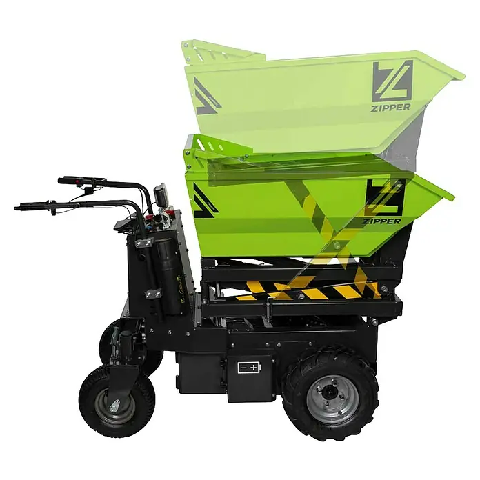 Zipper Raddumper ZI-ED600HKS - Akkubetrieben, Fassungsvermögen: 350 l - Abbildung eines elektrischen Schubkarrens von Zipper, ideal für den Transport von Materialien.