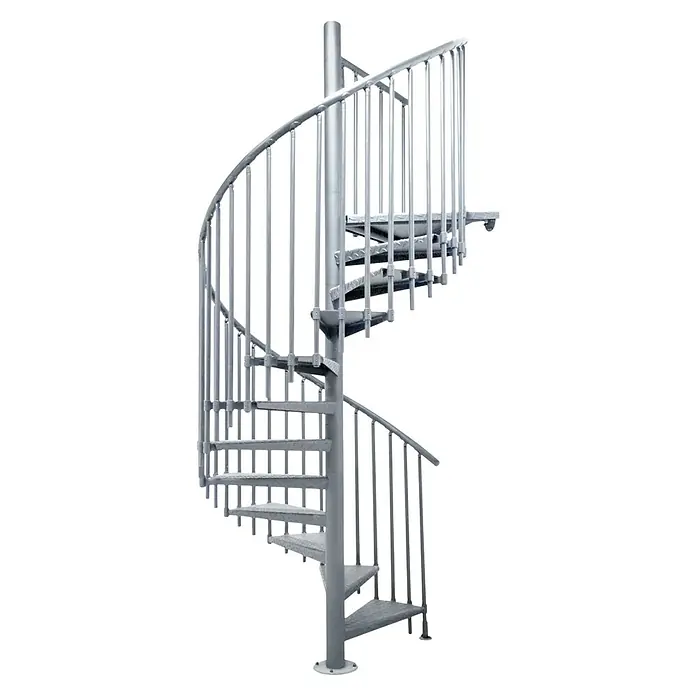 Atrium Spindeltreppe Heavy Metal Vertical - Farbton Metall: RAL 9006, Durchmesser: 144 cm, Riffelblech, Geschosshöhe: 280 cm - 300 cm - Eine Wendeltreppe aus Metall mit silberner Farbe, die sich spiralförmig nach oben windet und durch Geländer gesichert ist.