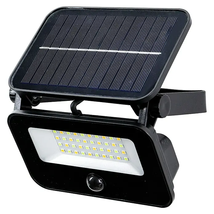 Arte confort Foco solar Bane - 1,5 W, L x An x Al: 14,3 x 5 x 10,2 cm, Negro, IP65, 400 lm - Primer plano de una lámpara solar negra con sensor de movimiento integrado, ideal para uso exterior y eficiencia energética.