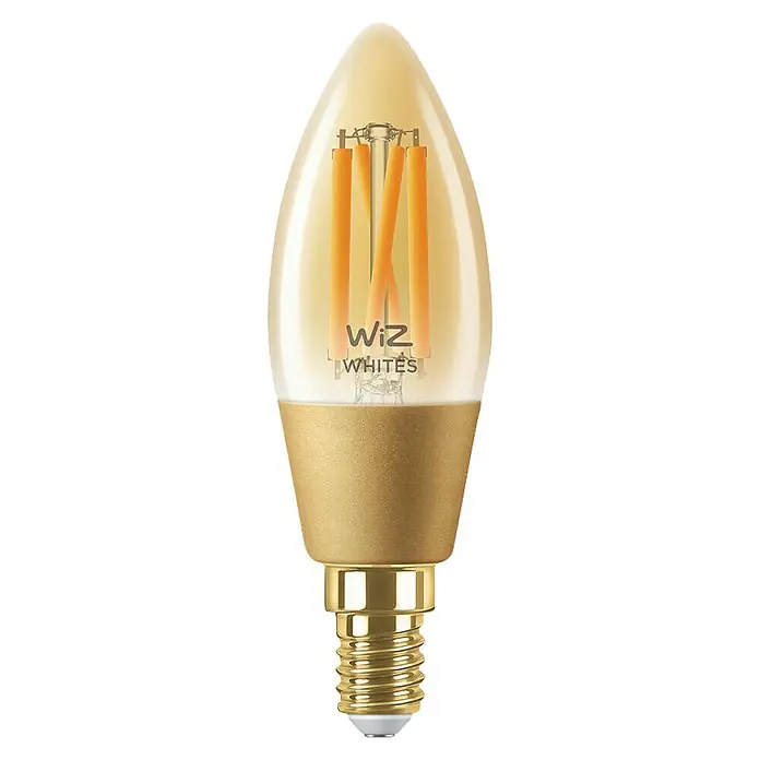 Philips Wiz Smart-LED-Lampe - E14, Dimmbar, Neutralweiß, 370 lm, 4,9 W - Nahaufnahme einer dimmbaren WiZ Whites Filament LED-Lampe im Kerzen-Design mit warmweißen Tönen und E14-Sockel für stimmungsvolle Beleuchtung.