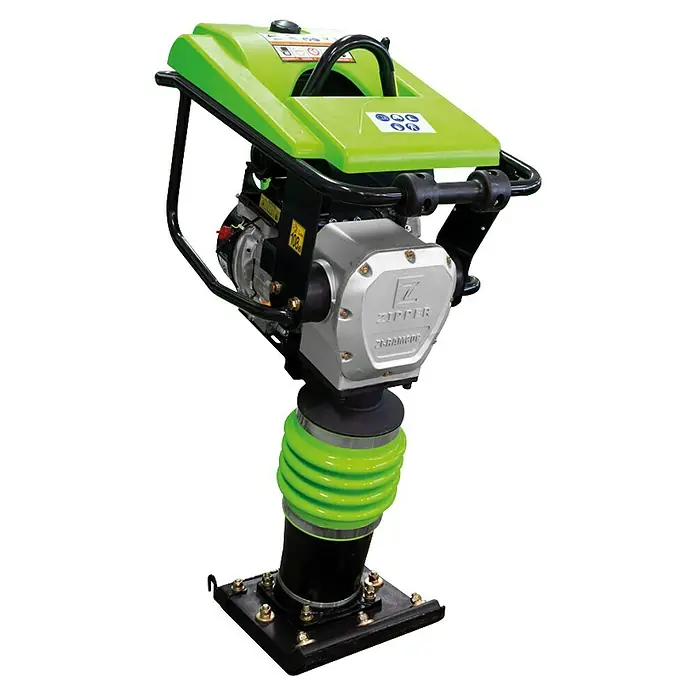 Zipper Vibrationsstampfer ZI-RAM80C - 4.100 kW - Ein grüner und grauer Zipper Stampfer mit schwarzem Sockel, ideal für Verdichtungsarbeiten.