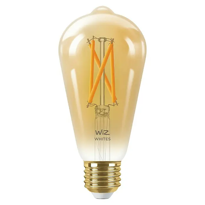 Philips Wiz Smart-LED-Lampe - E27, Dimmbar, Neutralweiß, 640 lm, 7 W, 2 Stk. - Nahaufnahme einer WiZ Whites Vintage-Glühbirne, die ein warmes, einladendes Licht mit ihrem klassischen Design und intelligenter Technologie bietet.