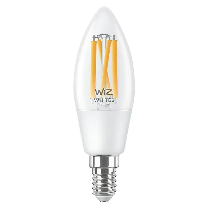 Philips Wiz Smart-LED-Lampe - E14, Dimmbar, Neutralweiß, 470 lm, 4,9 W - Ein helles Bild einer WiZ Whites LED-Lampe mit einem klaren, birnenförmigen Design und einem silbernen Schraubsockel.