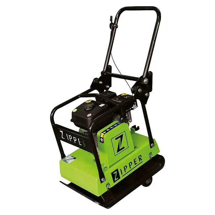 Zipper Rüttelplatte ZI-RPE120GYN - 4.100 W, Verdichtungstiefe: 30 cm - Zipper Rüttelplatte in leuchtendem Grün, ideal für den professionellen Einsatz im Garten- und Landschaftsbau, mit robustem Rahmen und Bedienelementen.