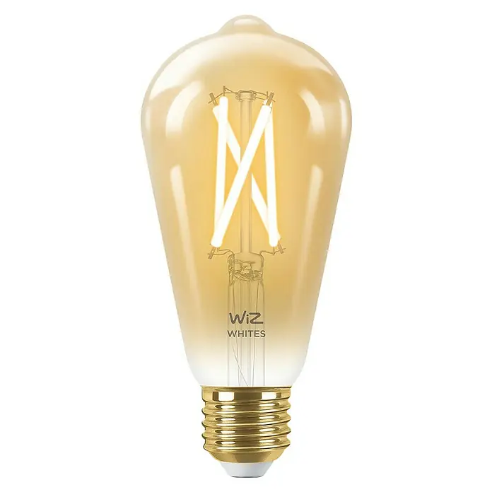 Philips Wiz Smart-LED-Lampe - E27, Dimmbar, Neutralweiß, 640 lm, 7 W, 2 Stk. - Nahaufnahme einer bernsteinfarbenen WiZ Whites Filament-Glühbirne mit goldenem Sockel und markantem Glühfaden-Design.