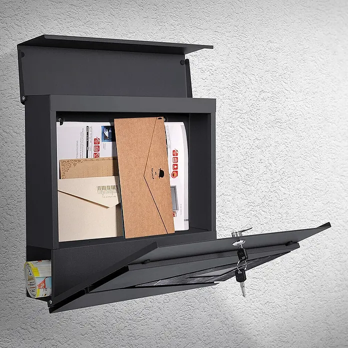 ML-Design Wandbriefkasten Mailbox mit Zeitungsrolle für Wandmontage - L x B x H: 11 x 37 x 36,5 cm, Anthrazit, Dunkelgrau, Metall, Zeitungsfach