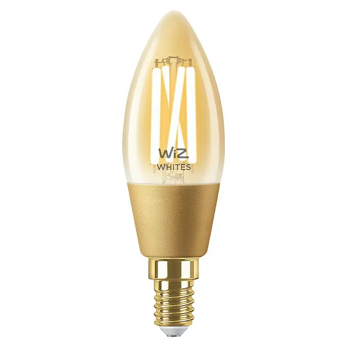 Philips Wiz Smart-LED-Lampe - E14, Dimmbar, Neutralweiß, 370 lm, 4,9 W - Nahaufnahme einer WiZ Whites LED-Lampe im Kerzen-Design mit warmweißen Farbtönen und goldfarbenem Sockel.