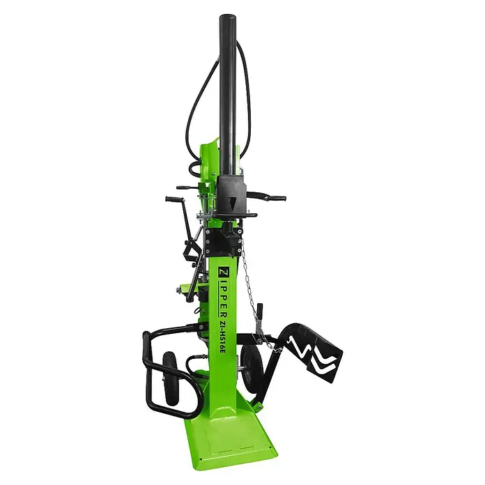 Zipper Holzspalter ZI-HS16E - 4.500 W, 16 t, Max. Spaltgutlänge: 560 cm - 1.100 cm - Abgebildeter, stehender Holzspalter ZI-HS16E von Zipper in Grün und Schwarz mit Details wie Rädern, Hebel und einer Kettenverbindung.