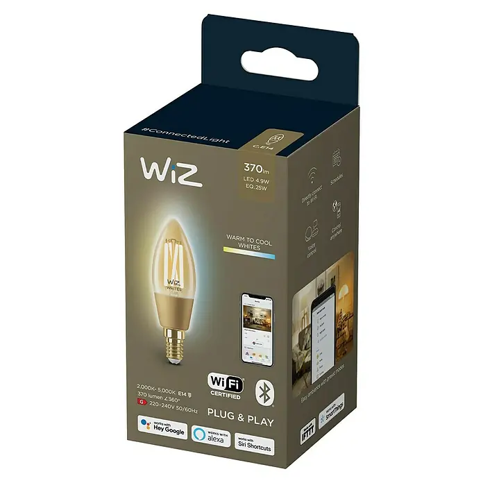 Philips Wiz Smart-LED-Lampe - E14, Dimmbar, Neutralweiß, 370 lm, 4,9 W - Produktverpackung einer smarten WiZ LED-Lampe, die warmes bis kühles Weißlicht bietet und mit Sprachassistenten steuerbar ist.