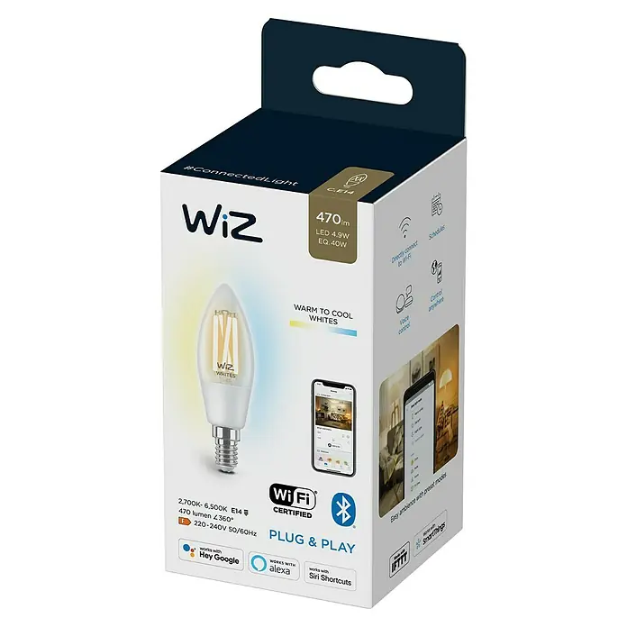 Philips Wiz Smart-LED-Lampe - E14, Dimmbar, Neutralweiß, 470 lm, 4,9 W - Intelligente WiZ-Glühbirne in der Verpackung. Die smarte LED-Lampe bietet warmes bis kühles Weißlicht und ist mit Smart Home Systemen kompatibel.