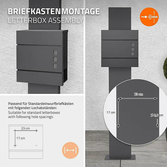 ML-Design Standbriefkasten Anthrazit Höhe 170 cm Freistehend Halterung für Briefkasten - L x B x H: 35 x 18 x 170 cm, Anthrazit, Metall