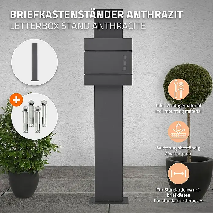 ML-Design Standbriefkasten Anthrazit Höhe 170 cm Freistehend Halterung für Briefkasten - L x B x H: 35 x 18 x 170 cm, Anthrazit, Metall