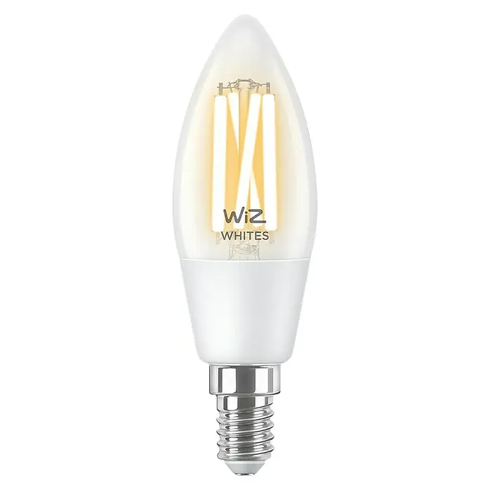 Philips Wiz Smart-LED-Lampe - E14, Dimmbar, Neutralweiß, 470 lm, 4,9 W - Nahaufnahme einer smarten WiZ-Filament-LED-Lampe, die elegantes Design mit moderner intelligenter Technologie für stimmungsvolle Beleuchtung verbindet.