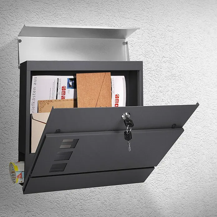 ECD Germany Wandbriefkasten Standbriefkasten mit Zeitungsfach inkl. 2 Schlüssel Stahl - L x B x H: 37 x 10,5 x 36,5 cm, Anthrazit, Silber, Metall, Zeitungsfach