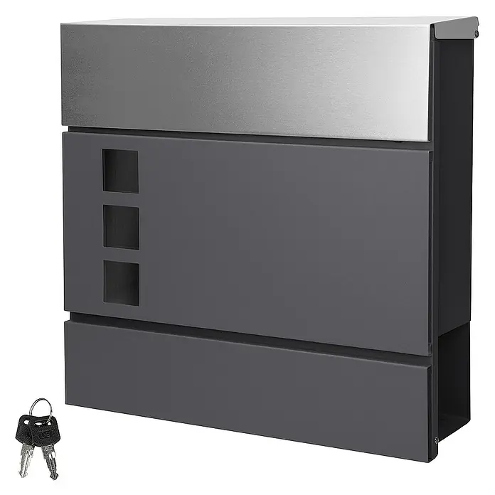 ECD Germany Wandbriefkasten Standbriefkasten mit Zeitungsfach inkl. 2 Schlüssel Stahl - L x B x H: 37 x 10,5 x 36,5 cm, Anthrazit, Silber, Metall, Zeitungsfach