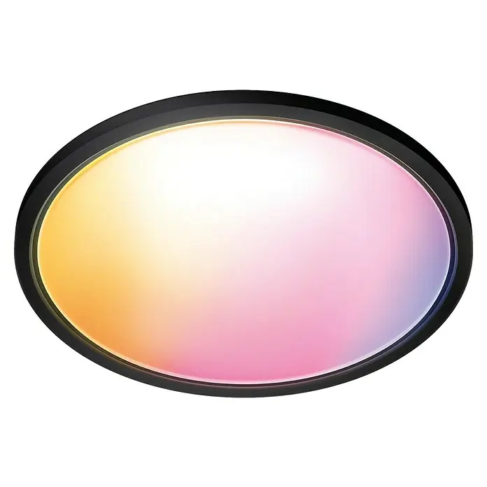 Philips Wiz Smart-LED-Deckenleuchte rund Tunable White & Color SuperSlim - 22 W, Ø x H: 42 x 4,3 cm, Schwarz, RGBW - Abbildung einer runden LED-Leuchte mit sanften Farbverläufen von Gelb zu Rosa, umgeben von einem schwarzen Rahmen. Ideal für stimmungsvolle Beleuchtung.