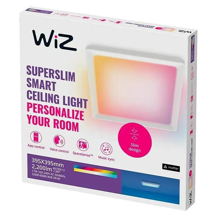 Philips Wiz LED-Panel - 17 W, L x B x H: 39,5 x 39,5 x 3,7 cm, Weiß, RGBW - Eine quadratische Verpackung für eine intelligente, extrem flache WiZ Deckenleuchte, die Farbanpassung und Musiksynchronisation bietet.