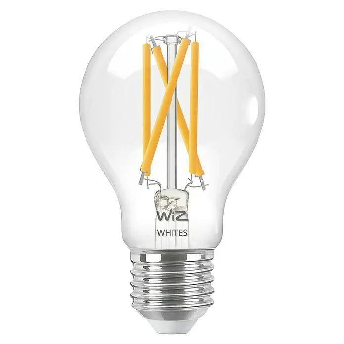 Smart-LED-Lampe matter - E27, Dimmbar, Mehrfarbig, 806 lm, 7 W, 2 Stk. - Nahaufnahme einer WiZ Whites Glühbirne mit LED-Filamenten und E27-Sockel, ideal für stimmungsvolle Beleuchtung und smarte Steuerung.