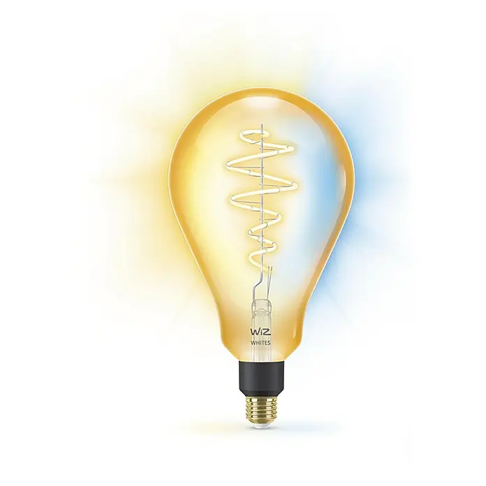 Philips Wiz Smart-LED-Lampe Filament Amber - E27, Dimmbar, Tageslichtweiß, 390 lm, 6 W - Nahaufnahme einer Wiz Glühbirne, die ein warmes, einladendes Licht ausstrahlt und ein stilvolles Designelement darstellt.
