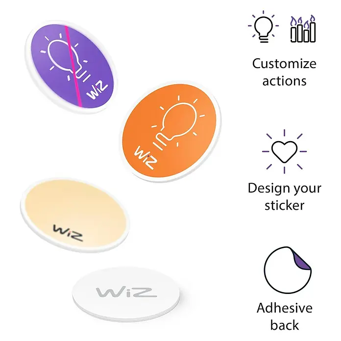 WiZ Aufkleber NFC-Tag - Höhe: 1 mm, 4 Stk. - Bild von WiZ-Aufklebern, mit denen Sie Aktionen anpassen und Ihr eigenes Aufkleberdesign erstellen können. Sie haben eine Kleberückseite.