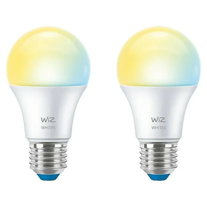 Philips Wiz Smart-LED-Lampe matter - E27, Dimmbar, Neutralweiß, 806 lm, 8 W, 2 Stk. - Zwei smarte WiZ Whites-Glühbirnen mit verstellbarem Weißton, die eine komfortable und energieeffiziente Beleuchtungslösung für Ihr Zuhause bieten.