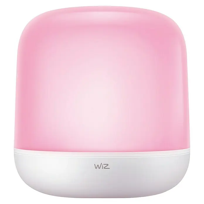 Philips Wiz LED-Tischleuchte Hero - 9 W, L x B x H: 15 x 15 x 15 cm, Weiß, RGBW - Abbildung einer WiZ Tischleuchte mit rosa Farbton, die ein sanftes, stimmungsvolles Licht erzeugt. Ideal für Nachttische oder als dekoratives Element.