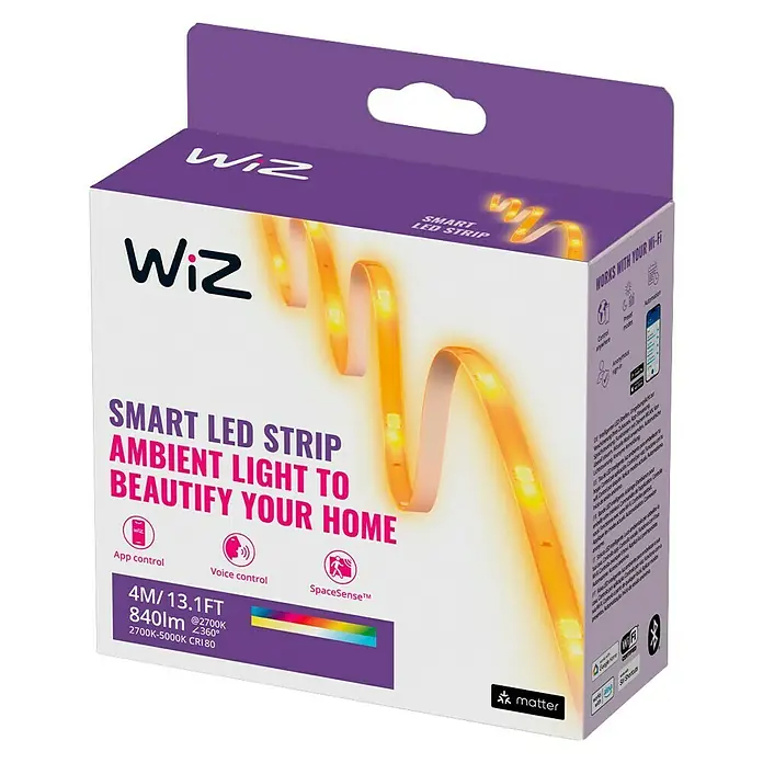 Philips Wiz Smart-LED-Band Startkit - Länge: 4 m, RGBW, 13 W, 840 lm, 220 V - 240 V - Das Bild zeigt die Verpackung eines WiZ Smart LED Strip Ambient Light, das zur Verschönerung des Zuhauses dient und per App steuerbar ist.