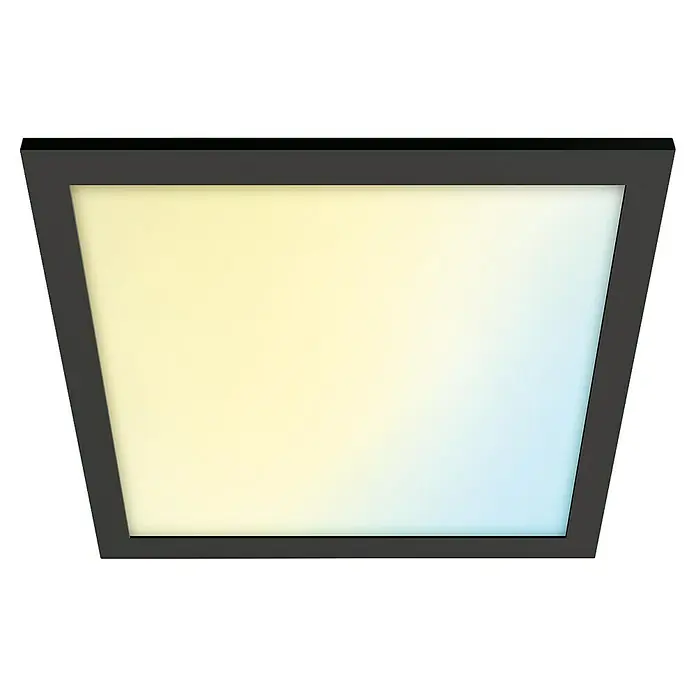 Philips Wiz LED-Panel Tunable White Slim Design - 12 W, L x B x H: 30 x 30 x 4,2 cm, Schwarz, Kaltweiß - Grauer, trapezförmiger LED-Deckenstrahler mit sanftem Farbverlauf von Gelb zu Blau, der eine moderne Beleuchtungslösung bietet.