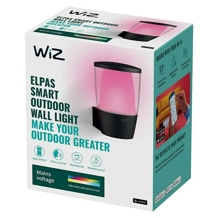 Philips Wiz LED-Außenwandleuchte Elpas - 8,5 W, 13,4 x 10,9 x 16,4 cm, IP44, RGBW - Die Verpackung der intelligenten WiZ Elpas Outdoor Wandleuchte mit farbiger Beleuchtung.