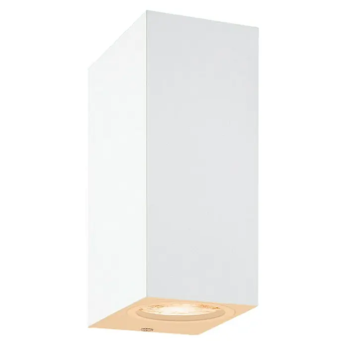 Philips Wiz LED-Außenwandleuchte Up & Down - 5 W, L x B x H: 9,2 x 6,8 x 15 cm, Weiß, RGBW - Das Produkt ist ein moderner, weißer Innenraum mit einer kreisförmigen, beleuchteten Plattform, ideal für die Produktpräsentation. Klare Linien und schlichtes Design.