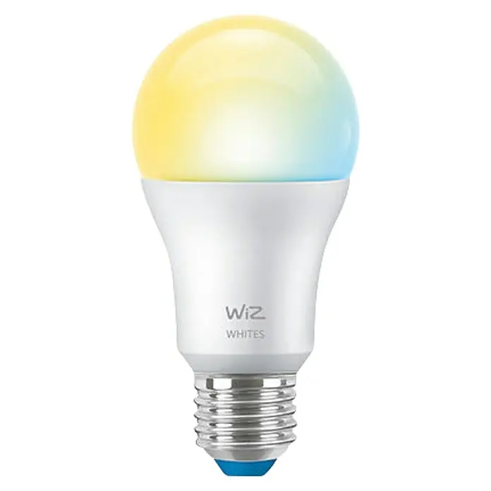 Philips Wiz Smart-LED-Lampe - E27, Dimmbar, Neutralweiß, 1.521 lm, 12,5 W, 1 Stk. - Nahaufnahme einer WiZ Whites-Glühbirne, die sanfte Gelb-, Weiß- und Blautöne ausstrahlt und eine moderne Beleuchtungslösung für Ihr Zuhause bietet.