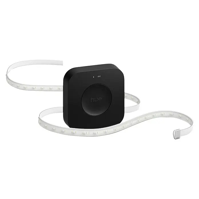 Philips Hue LED-Stripes Flux Starter Kit Pro - 6 m, RGBW, 2.000 lm - Nahaufnahme des Philips Hue Lightstrip mit Steuergerät, ein intelligentes Beleuchtungssystem für ein modernes Zuhause mit zahlreichen Farboptionen.