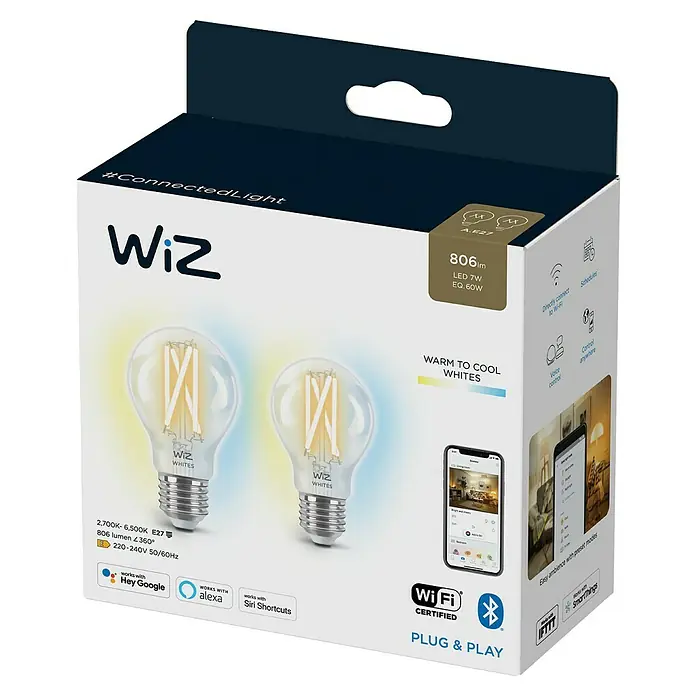 Smart-LED-Lampe matter - E27, Dimmbar, Mehrfarbig, 806 lm, 7 W, 2 Stk. - WiZ Connected Light Box mit zwei smarten LED-Filamentlampen, die warmes bis kühles Weiß erzeugen und mit Smart Home-Systemen kompatibel sind.